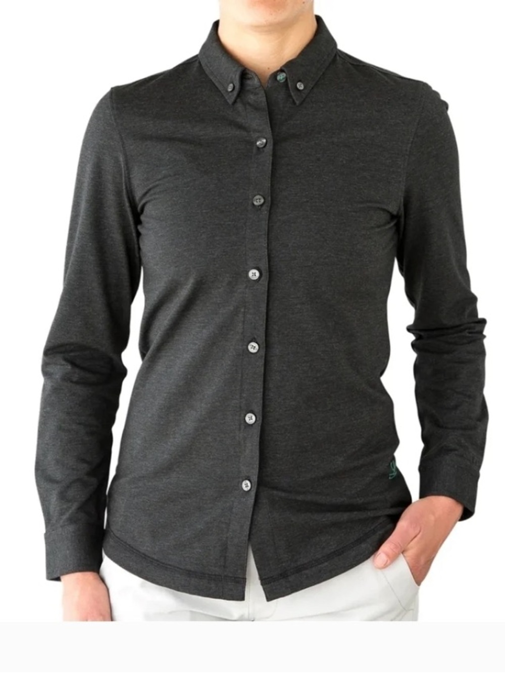 Linksoul Women's Size XS Dry-Tech Button Down Long Sleeve Shirt Black Heather